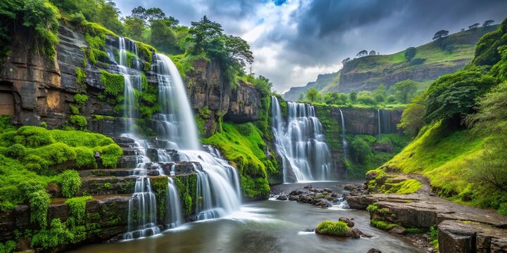 Majestic Necklace Waterfall cascading down lush green cliffs in Bhandardara, Western Ghats, India.