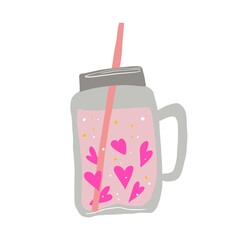 A refreshing pink drink with heart-shaped bubbles, served in a mason jar mug with a handle, decorated with a straw. Perfect for setting a romantic mood.