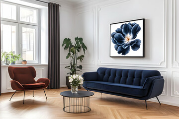 Blue flower art in modern living room
