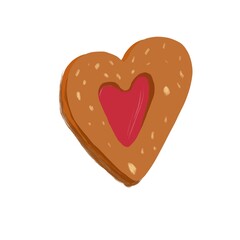 A two-layer heart-shaped cookie with a heart window cut out in the top layer, filled with jam. A perfect treat to set a romantic mood.