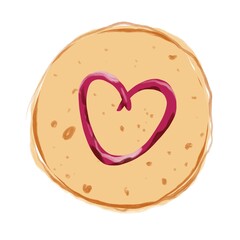  A round pancake decorated with a heart drawn in jam. The perfect dish for a warm morning gesture or Valentine’s Day celebration.