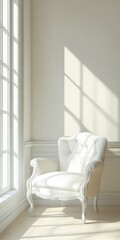 Elegant chair in bright window light minimalist interior side angle view emphasizing simplicity and negative space