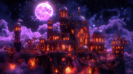Fototapeta premium A futuristic marketplace suspended in mid-air, surrounded by swirling clouds of radiant mist. Glowing stalls display exotic wares, while golden pathways of light connect the platforms in an 