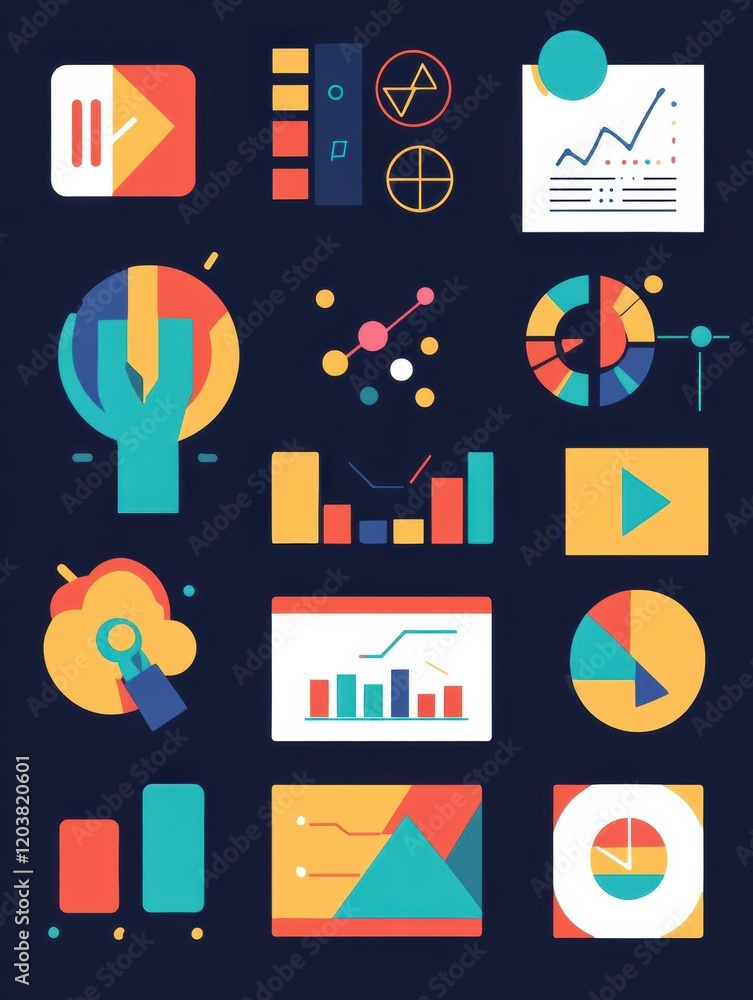 Aufkleber colorful graphic elements representing data visualization and analytics tools for modern presentatio