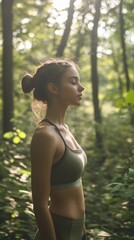 Mindfulness practice in serene forest natural light of woman calm environment peaceful viewpoint