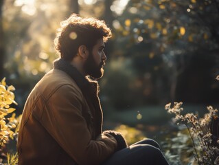 Reflective moment of thoughtful individual looking at family photos in nature warm sunny day atmosphere