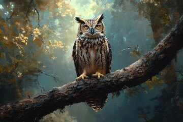 Obraz premium Majestic owl perched on an ancient tree in a misty landscape at dawn