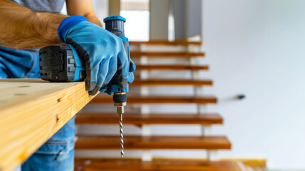 carpenter using power drill to repair wooden staircase with precision