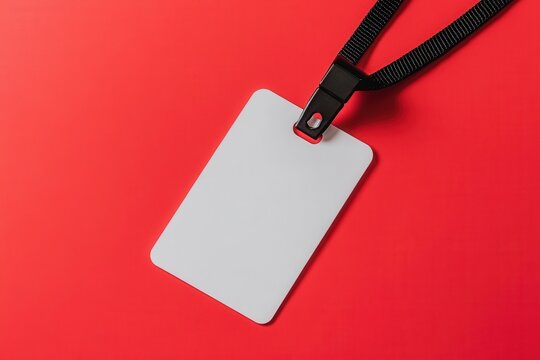 Blank ID Badge on Red Background: A pristine white blank ID badge with a black lanyard hangs against a vibrant red backdrop, offering a clean and modern template for showcasing your design. 