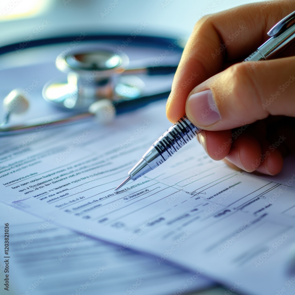 Poster hand filling out a medical form with a stethoscope nearby in a healthcare environment during a dayti