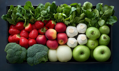 Fresh fruit, vegetable tray, healthy eating, kitchen, overhead