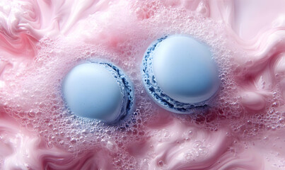 Fototapeta premium Blue macarons in pink foam bath