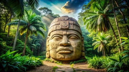 Majestic Olmec Head, Villahermosa, Mexico: Ancient Mesoamerican Sculpture in Lush Jungle Setting