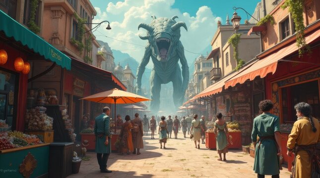 Bizarre Creatures at a Futuristic Alien Marketplace
