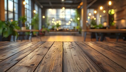 Cozy Interior with Wooden Table and Warm Lighting Creating a Welcoming Atmosphere in a Trendy Cafe or Office Space Ideal for Relaxation and Socializing