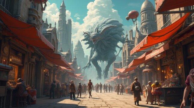 Bizarre Creatures at a Futuristic Alien Marketplace