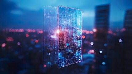 Two overlapping transparent digital screens displaying a cityscape at night, creating a layered effect with blurred lights and a sense of futuristic interaction with urban data.
