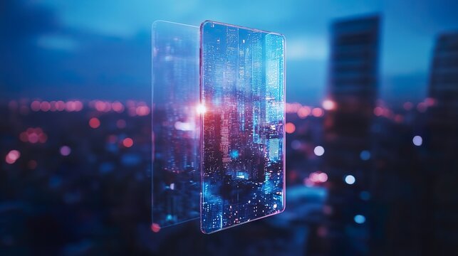Two overlapping transparent digital screens displaying a cityscape at night, creating a layered effect with blurred lights and a sense of futuristic interaction with urban data.