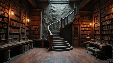 Ancient Library with Endless Bookshelves and Spiral Staircase