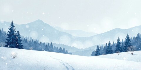 Fototapeta premium Serene Winter Landscape Snow-Covered Hills, Evergreen Forest, and Falling Snow in a Peaceful Mountain Setting