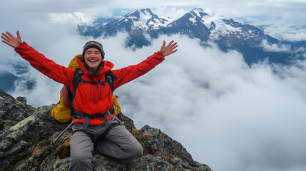 A hiker reaches the summit of a mountain, collapsing onto the ground with a relieved smile, as clouds drift below.

