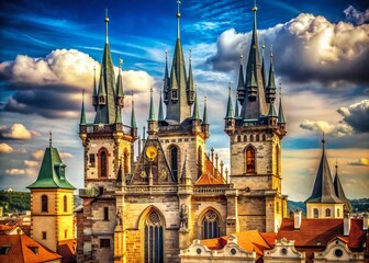 Obraz premium Majestic Prague Cathedral Towers: Gothic Architecture in the Czech Republic