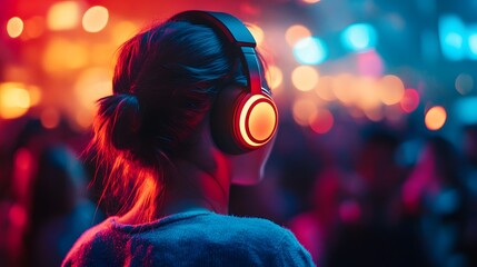 A club-goer with glowing headphones dancing in sync to the beat during a silent disco event.