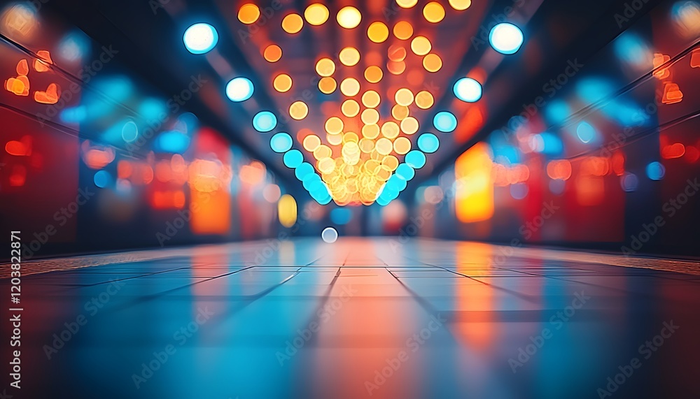 Poster Vibrant Abstract Lights Leading Through a Modern Tunnel with a Bokeh Effect and Colorful Illumination Creating an Atmospheric and Dreamlike Ambience