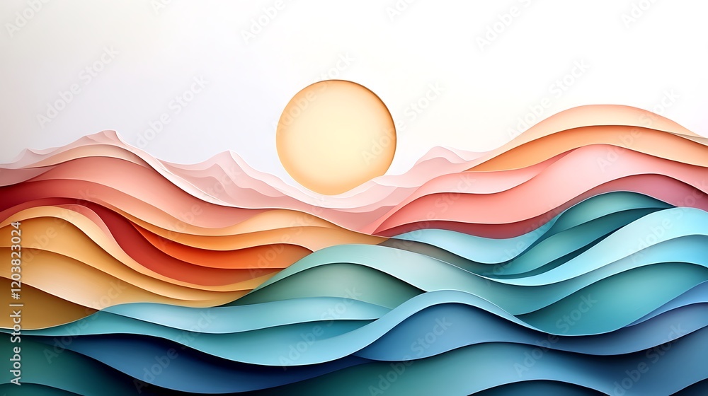 Poster translucent layers of clean colors with sun overlapping waves