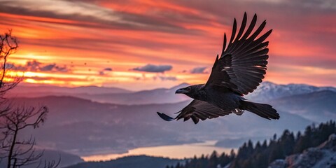 Majestic Raven in Flight, Double Exposure Nature Photography