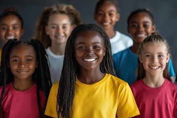 Fototapeta premium Diverse group of smiling children standing together in colorful clothing