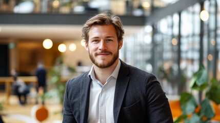 Fototapeta premium Modern Danish Businessman in Casual Blazer Working in Collaborative Office Setting