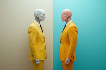 Dual humanoid figures in suits with contrasting backgrounds and artificial designs