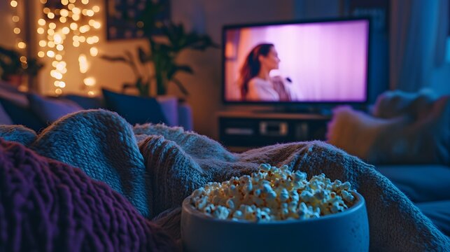 A cozy girls night in at a stylish Airbnb with blankets popcorn and a romantic comedy on TV.