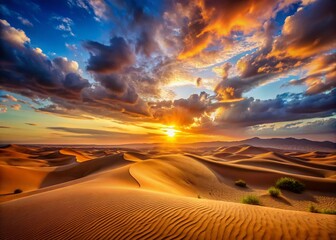 Majestic Sahara Sunset: Golden Dunes and Bokeh, Morocco
