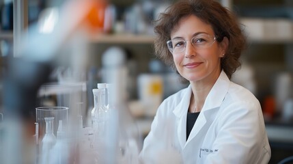 A woman in a lab coat is smiling and looking at the camera. She is surrounded by various scientific equipment and glassware, including beakers and test tubes