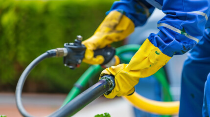 Technician using hose for maintenance, wearing protective gloves and gear