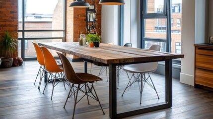 A bold reclaimed oak dining table with steel legs paired with mismatched chairs in a trendy urban apartment.