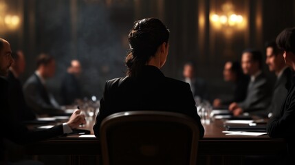A woman sits at a table with a group of people. The woman is wearing a black suit and she is the only one in the room. The atmosphere is tense and serious, as everyone is focused on the woman