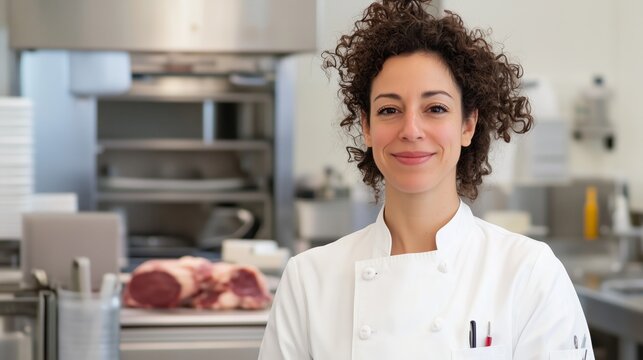 A woman chef is smiling in front of a meat counter. She is wearing a white chef's coat and a red pocket knife