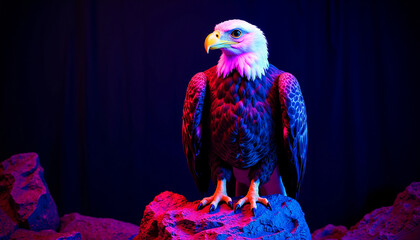 Bald eagle posed with vibrant neon lighting against a dark background