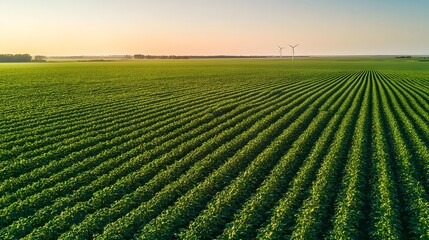 A bright green soybean field with a wind turbine spinning in the distance under a clear sky.