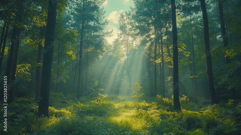 Poster sunlight streams through tall trees in a peaceful forest creating a magical serene atmosphere with l