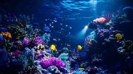 Fototapeta premium A deep-sea diver exploring a coral reef holding a flashlight surrounded by colorful marine life.