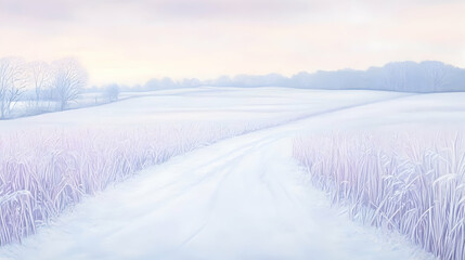 Frosty field sunrise, winter road, tranquil landscape