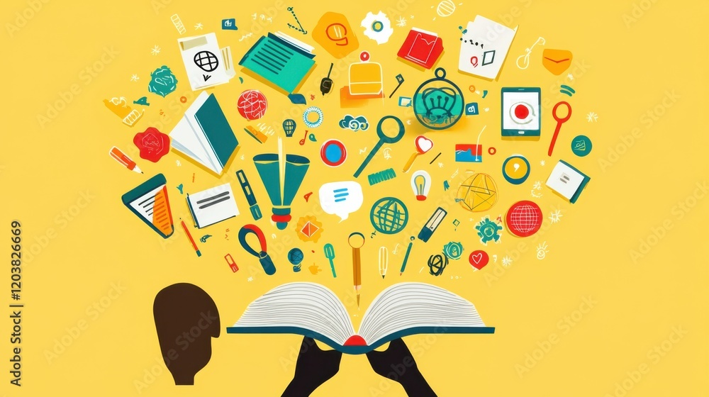Poster open book with colorful icons and symbols representing knowledge and learning emerging from it
