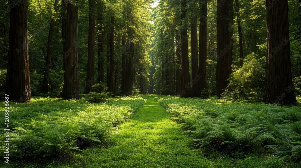 Poster a serene path through a lush green forest, sunlight filtering through the tall trees creating a peac
