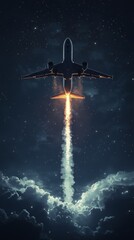 Aircraft ascending through clouds with fiery exhaust against a starry night sky