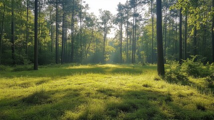 Fototapeta premium Sunlight gently illuminates a clearing in a lush forest with tall trees casting long shadows over the green grasses