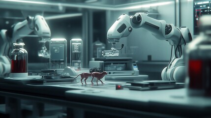 Robotic arms examine subject in futuristic lab with background tech